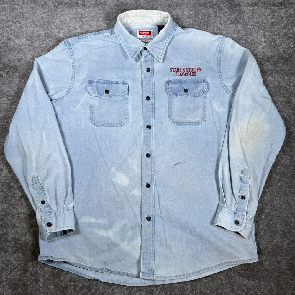Wrangler Shirt Men's Large‎ Blue Distressed Denim Flex Stars Stripes Button Up